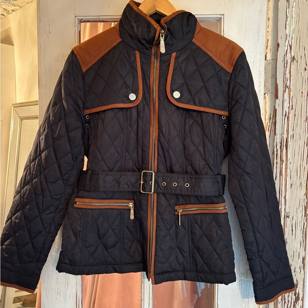 Quilted Navy and Brown Belted Equestrian Style Jacket, Vince Camuto